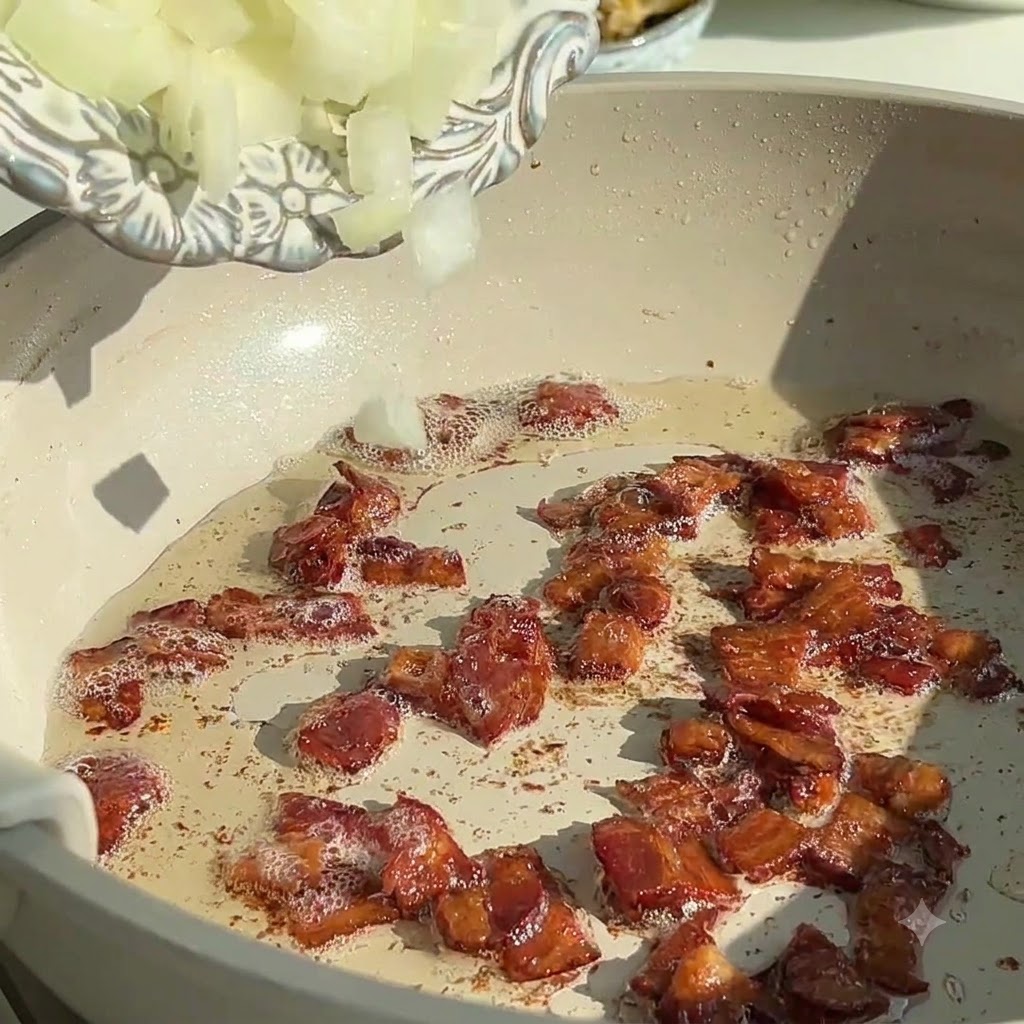 Cebollas finamente picadas siendo vertidas desde un plato decorativo blanco a la sartén que contiene trozos de tocino chisporroteantes.