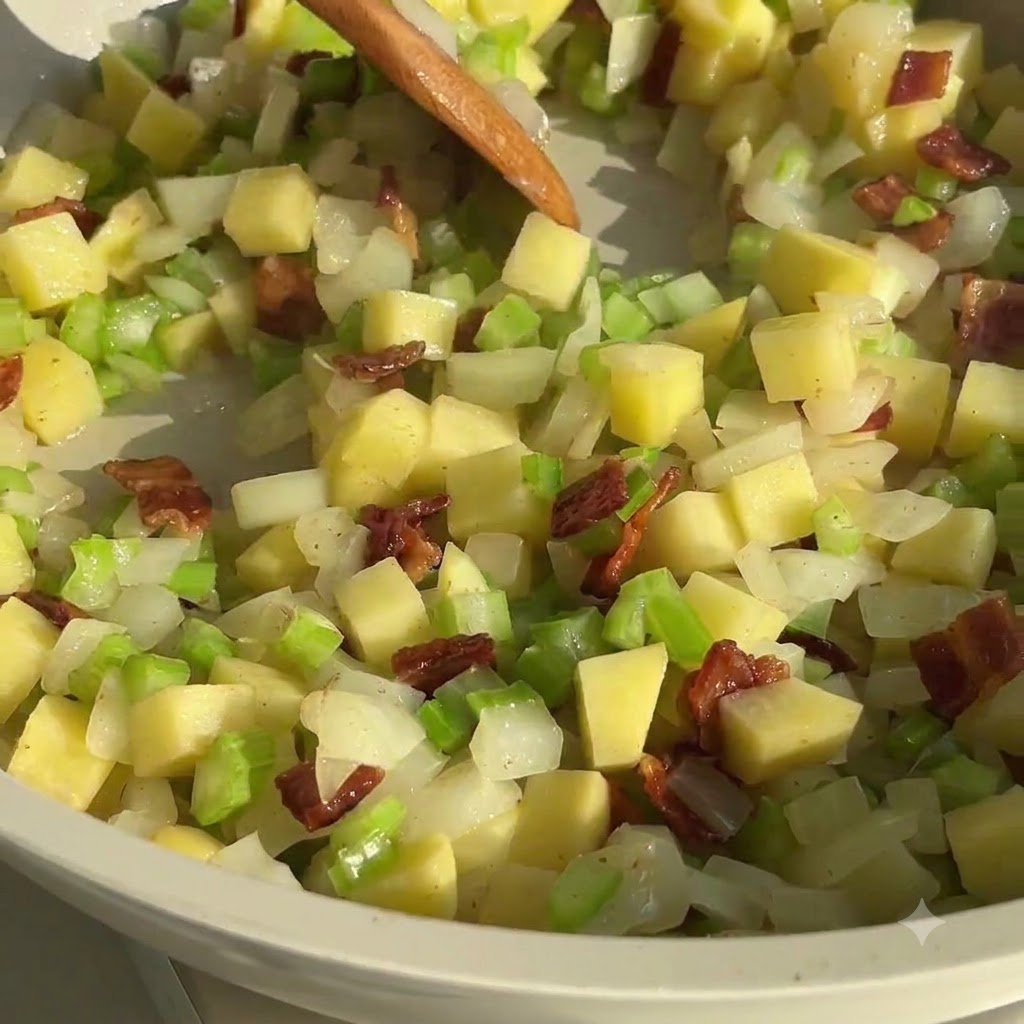 Una cuchara de madera removiendo una mezcla de patatas picadas, apio, cebollas y trozos de tocino en una sartén.