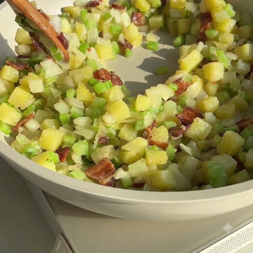 Una cuchara de madera mezclando la mezcla de verduras, tocino y harina dentro de una sartén de color claro.