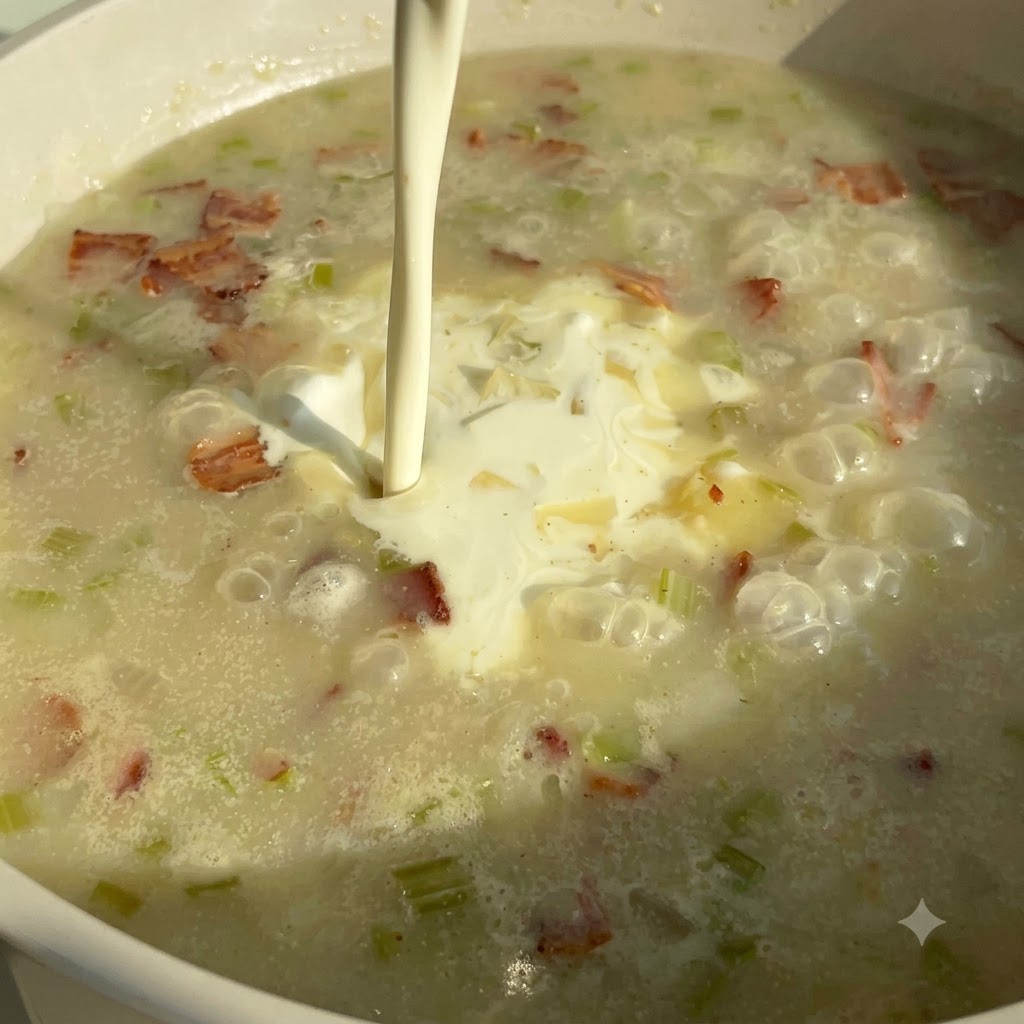 Crema fresca siendo vertida en una olla burbujeante de sopa de chowder que contiene tocino y verduras.