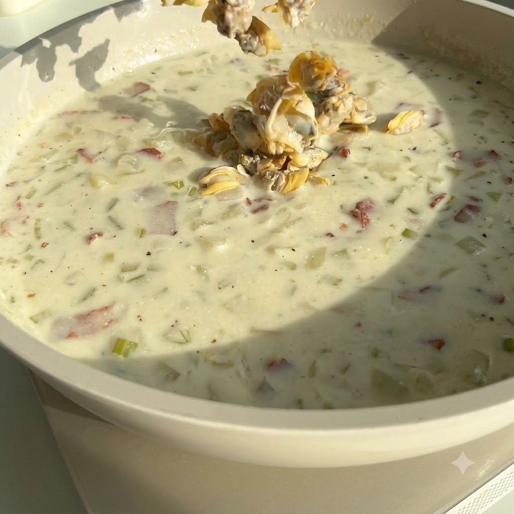 Carne de almeja desbullada siendo agregada a una sartén grande de chowder blanco cremoso.