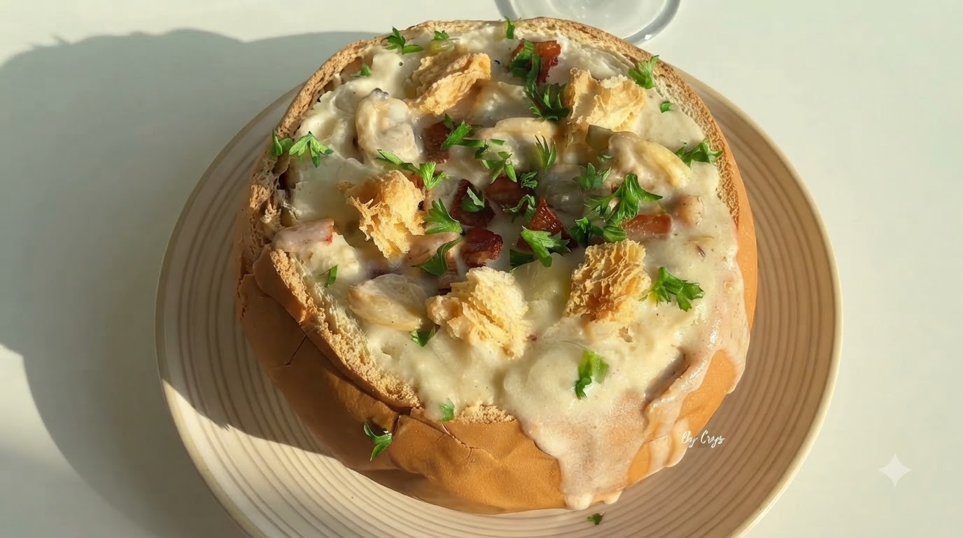 Clam Chowder Clásico Americano en Pan de Masa Madre