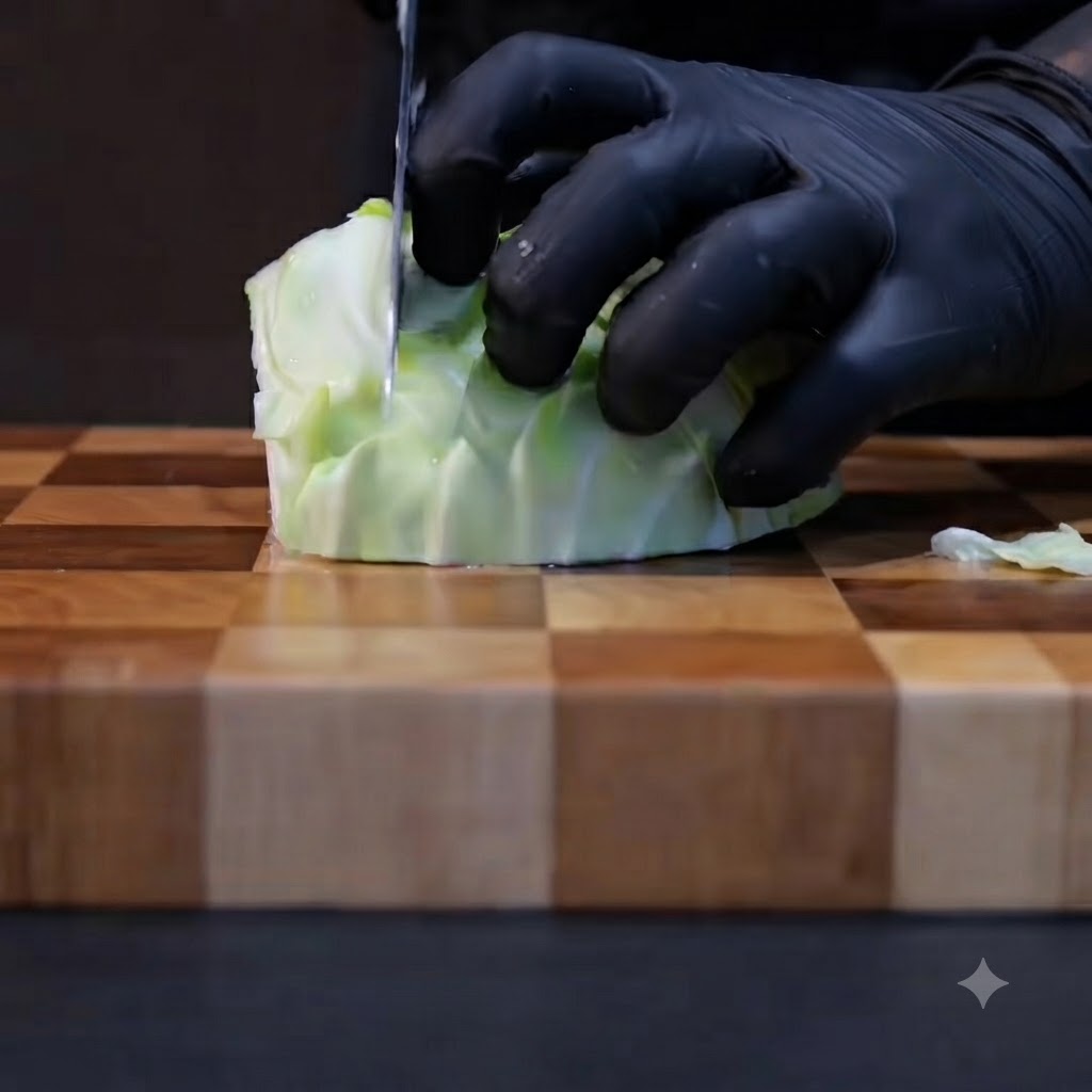 Manos con guantes picando repollo verde en trozos sobre una tabla de picar de madera con un cuchillo afilado.