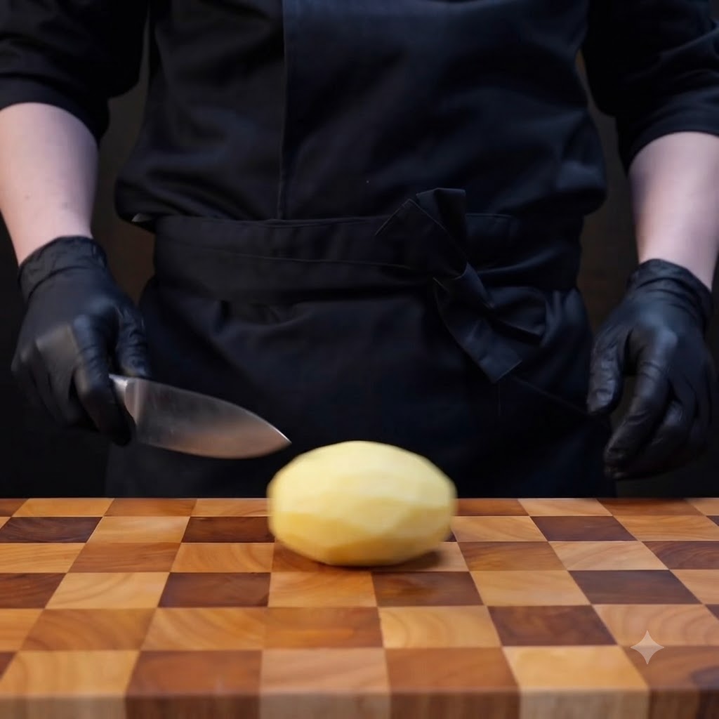 Una papa pelada siendo cortada en cubos uniformes sobre una tabla de picar de madera usando un cuchillo de chef.