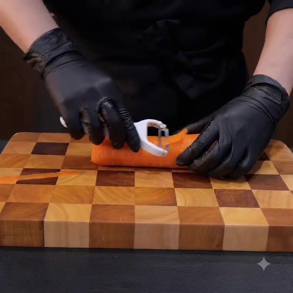 Una zanahoria fresca siendo pelada limpiamente con un pelador de vegetales blanco de mano sobre una tabla de picar de madera.