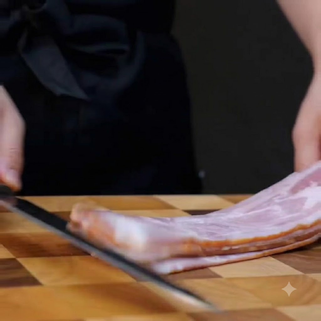Tiras de tocino apiladas siendo cortadas en piezas rectangulares grandes con un cuchillo de chef sobre una tabla de picar de madera.