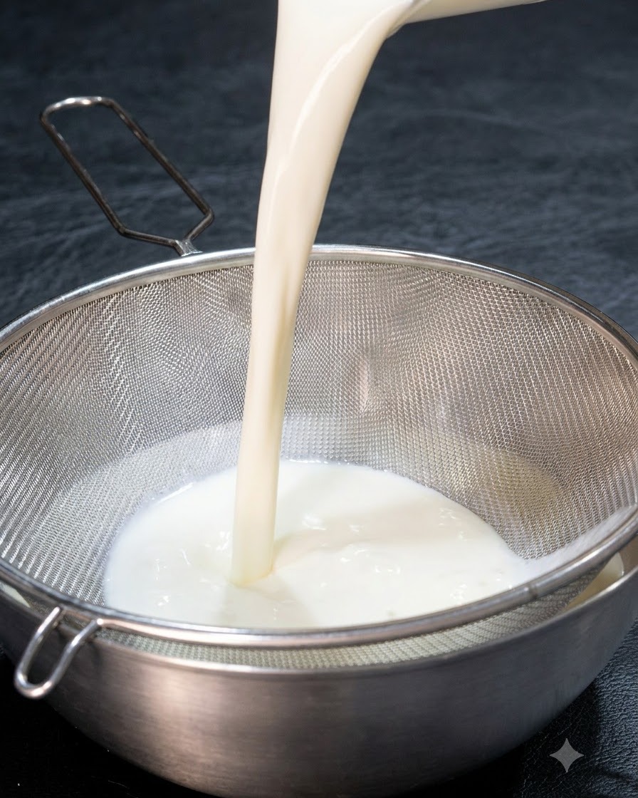 Líquido blanco y cremoso siendo vertido a través de un colador de malla fina de acero inoxidable.