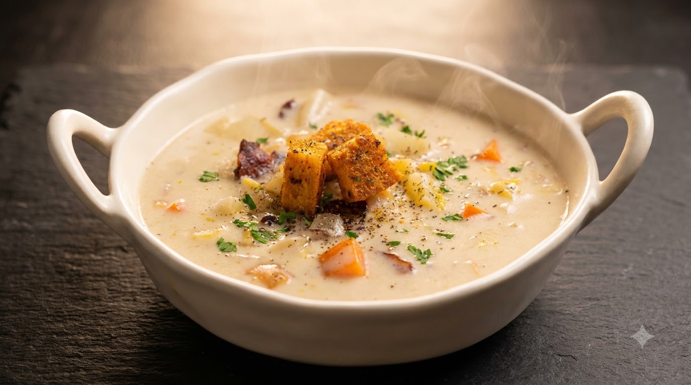 Sopa Cremosa de Almejas con Tocino y Camarones