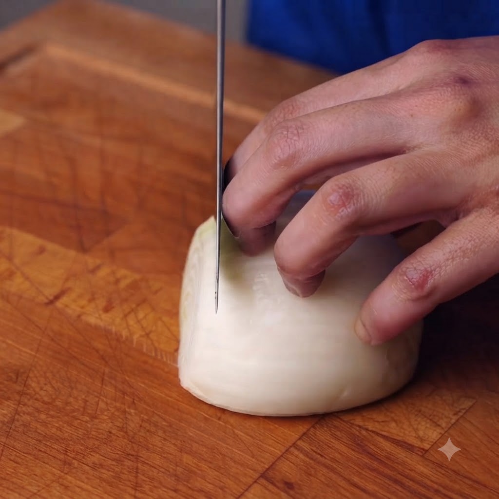 Una cebolla siendo cortada en trozos con un cuchillo sobre una tabla de cortar de madera.