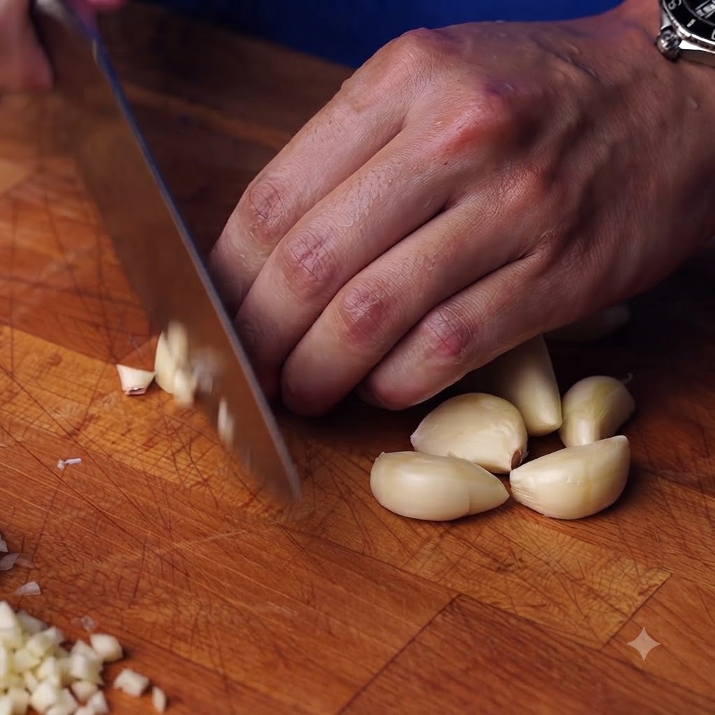 Dientes de ajo y tomates siendo picados en una tabla de cortar de madera.