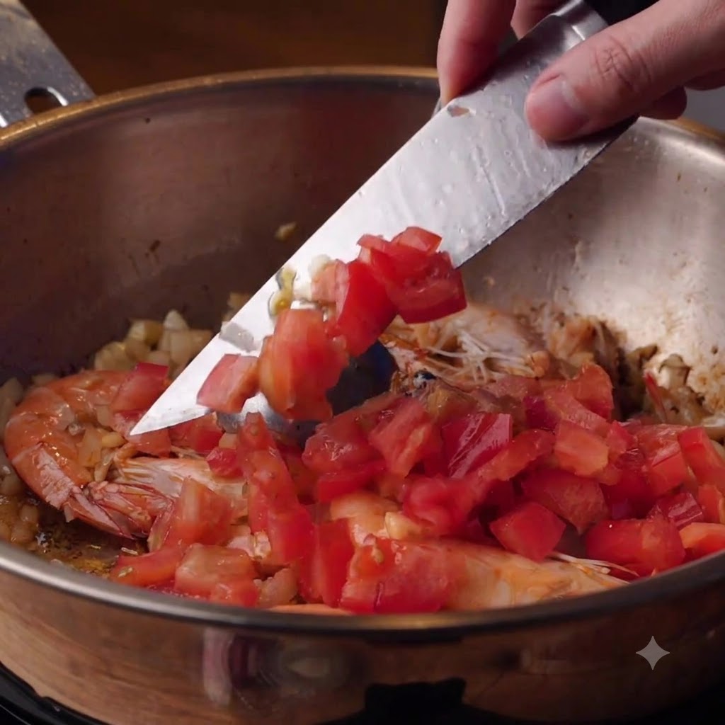Tomates picados siendo agregados a una olla con camarones, cebollas y ajo.
