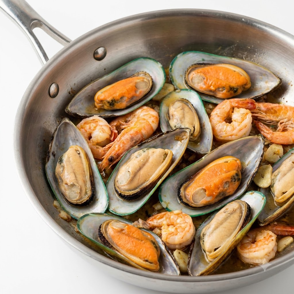 Mejillones de labio verde congelados dispuestos en una sartén de acero inoxidable junto con camarones y ajo.