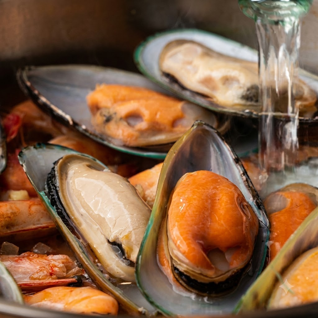 Vino blanco seco siendo vertido desde una botella en una olla que contiene mejillones y camarones.