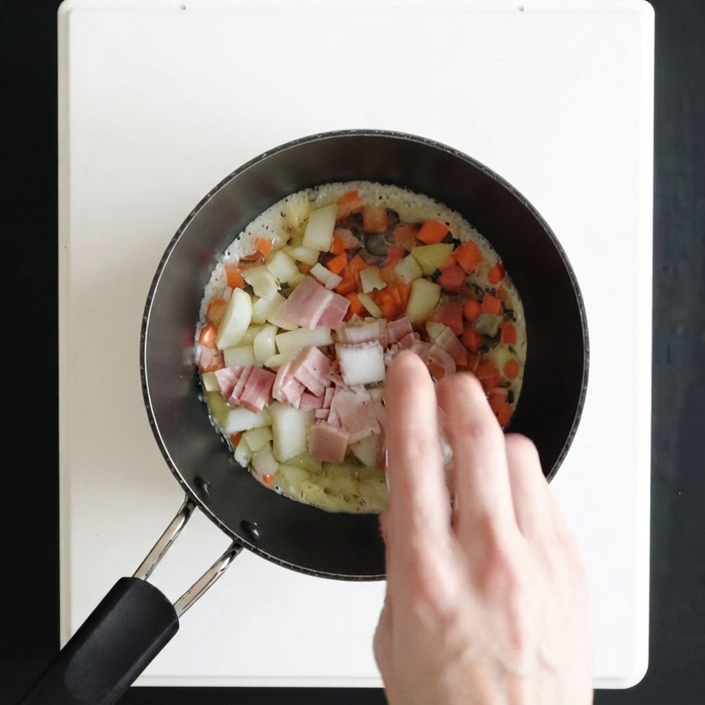 Una mano sazonando zanahorias, cebollas y tocino en dados que se cocinan en una cacerola.