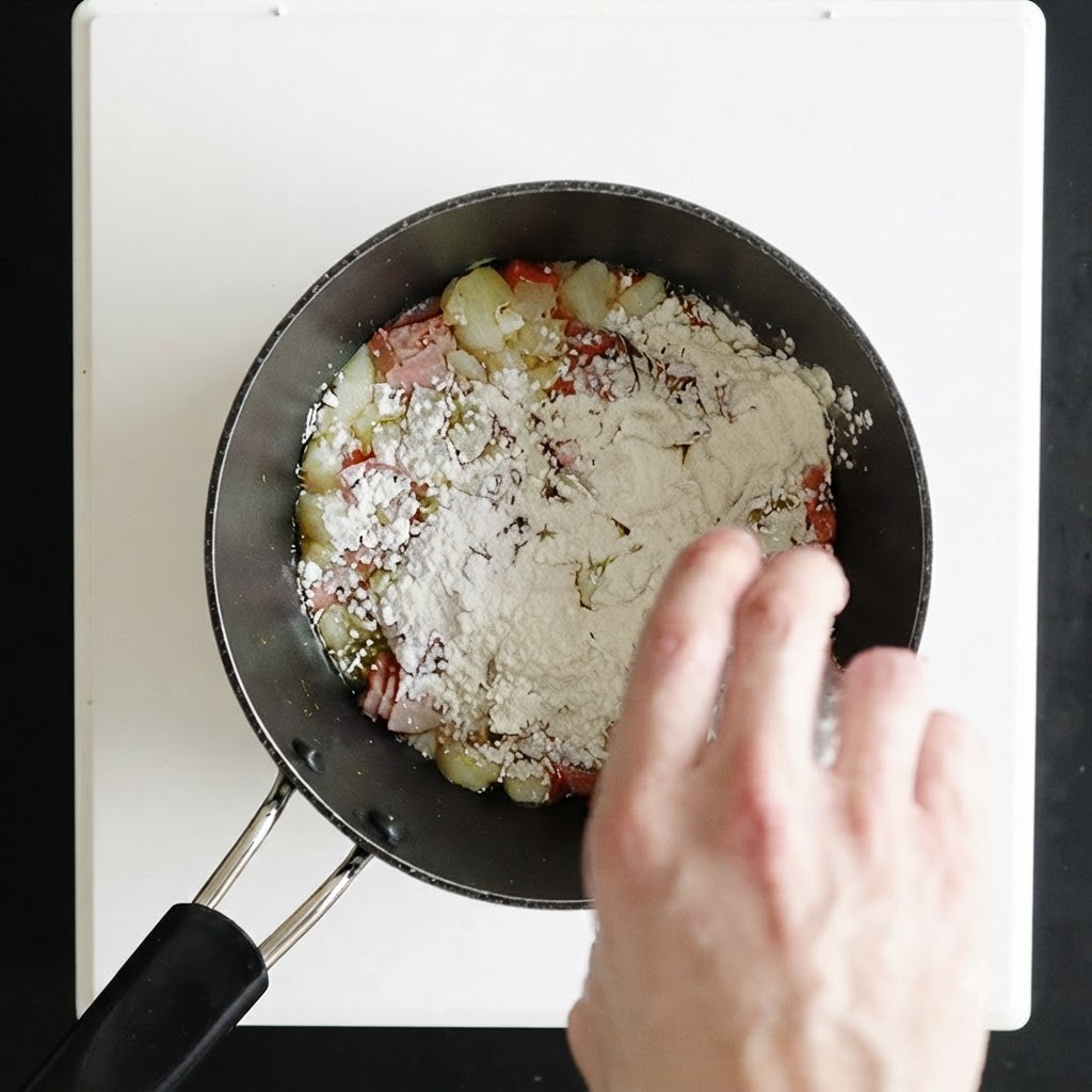 Una mano removiendo harina blanca en una cacerola llena de verduras cocidas y tocino.