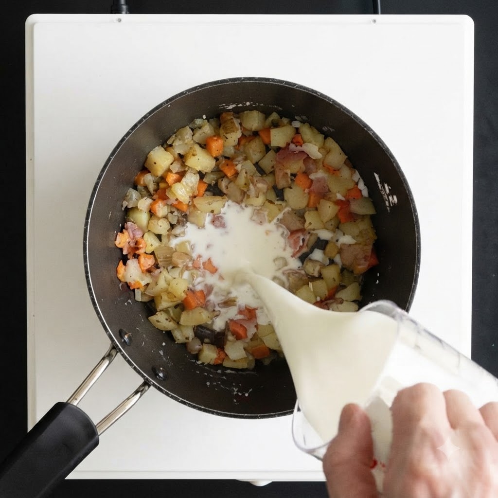 Leche siendo vertida desde una taza medidora de vidrio en una cacerola con verduras cocidas.