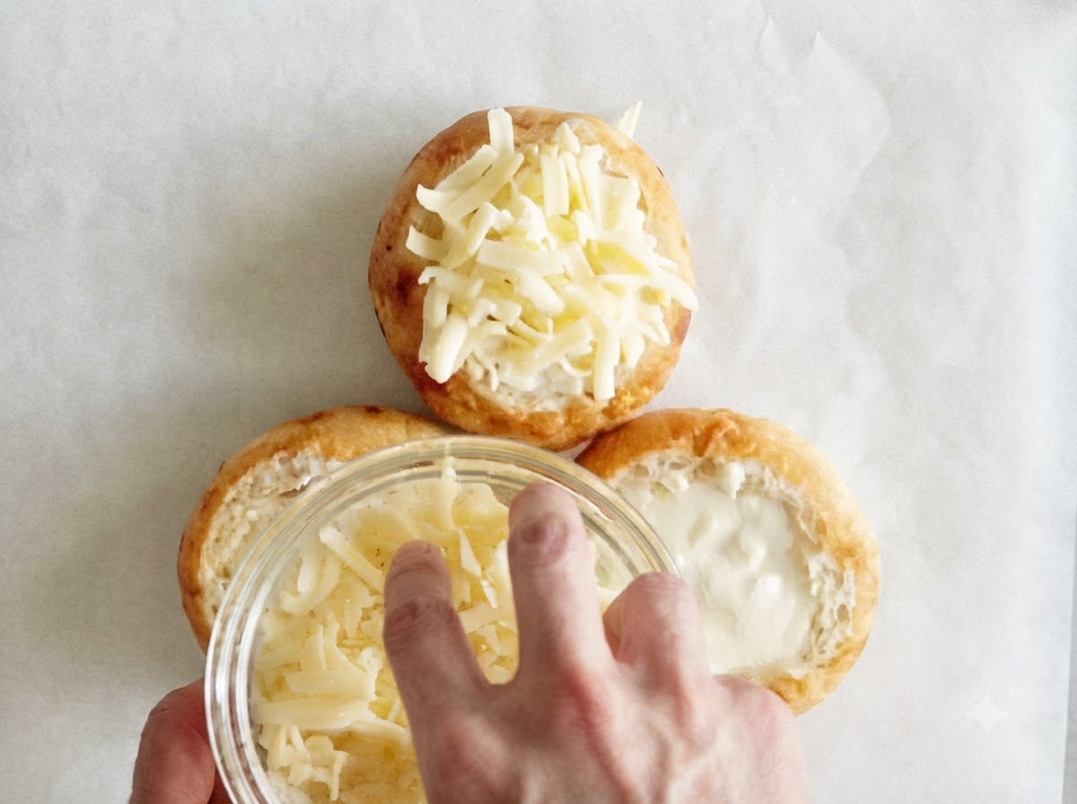 Queso rallado siendo espolvoreado a mano desde un cuenco de vidrio sobre los cuencos de pan llenos de sopa.