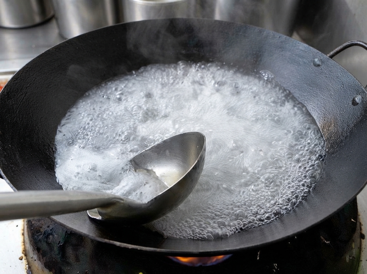 Un cucharón de metal retirando espuma blanca de la superficie de una olla con sopa hirviendo.
