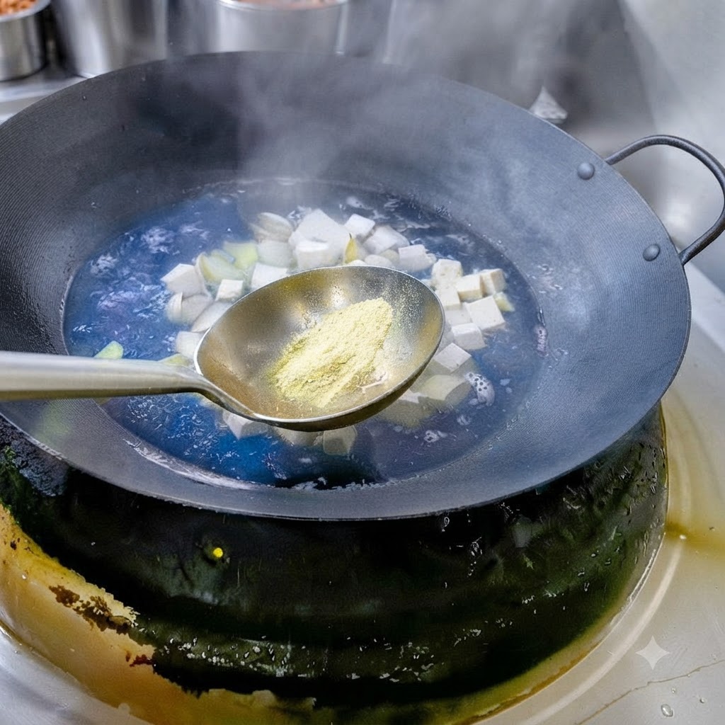 Una cucharada de sal y pimienta blanca en polvo siendo añadida a una olla con sopa burbujeante.