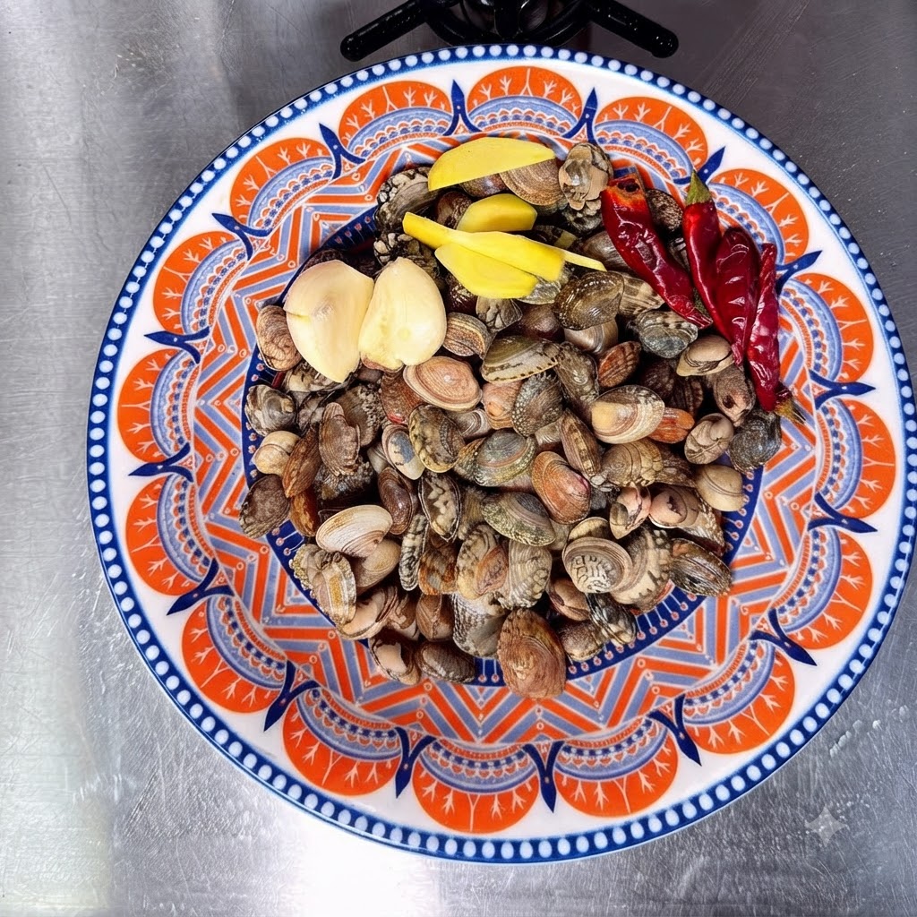 Almejas limpias, rodajas de jengibre, dientes de ajo y chiles secos dispuestos en un plato de colores brillantes.