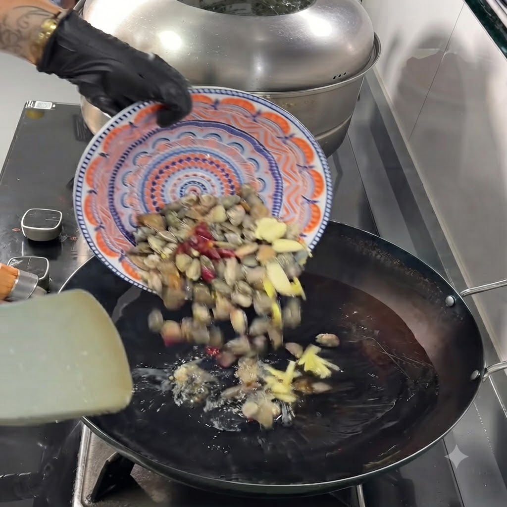 Almejas, ajo en rodajas, jengibre y chiles secos cayendo desde un plato hacia el wok caliente.