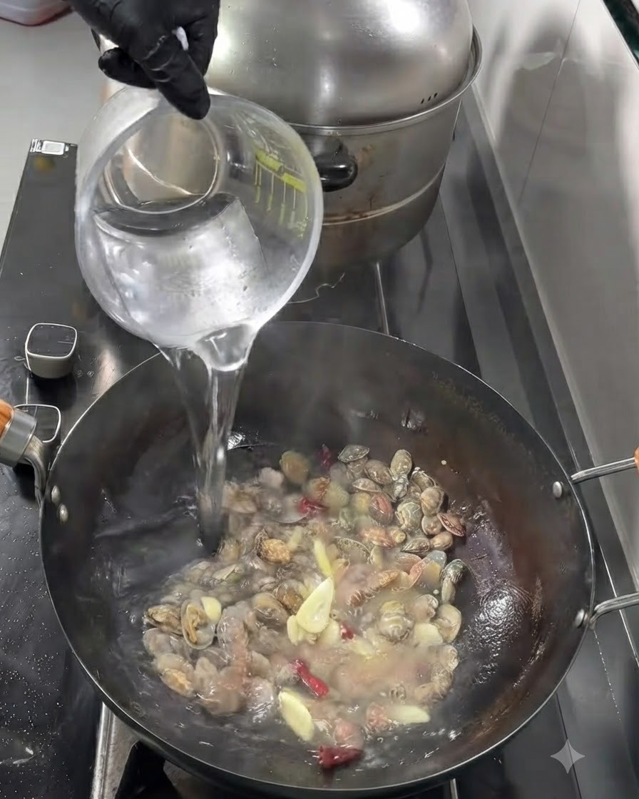 Agua caliente cayendo desde una taza medidora hacia el wok con los ingredientes salteados.