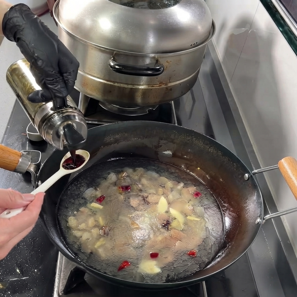 Salsa de soja midiéndose con una cuchara y añadiéndose al caldo hirviendo en el wok.