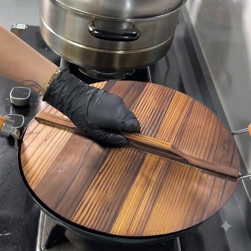 Una tapa de madera colocada sobre el wok para cubrir la sopa en ebullición.