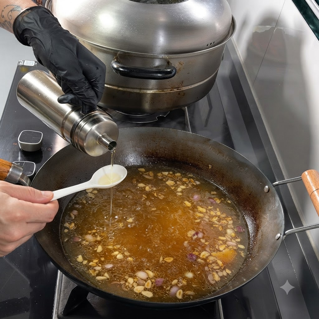 Salsa de soja vertiéndose en una cuchara sostenida sobre un wok lleno de sopa y aromáticos a fuego lento.