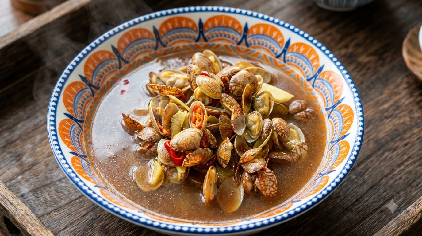 Un plato hondo con una cálida sopa de almejas con salsa de soja, decorada con chiles frescos y jengibre.
