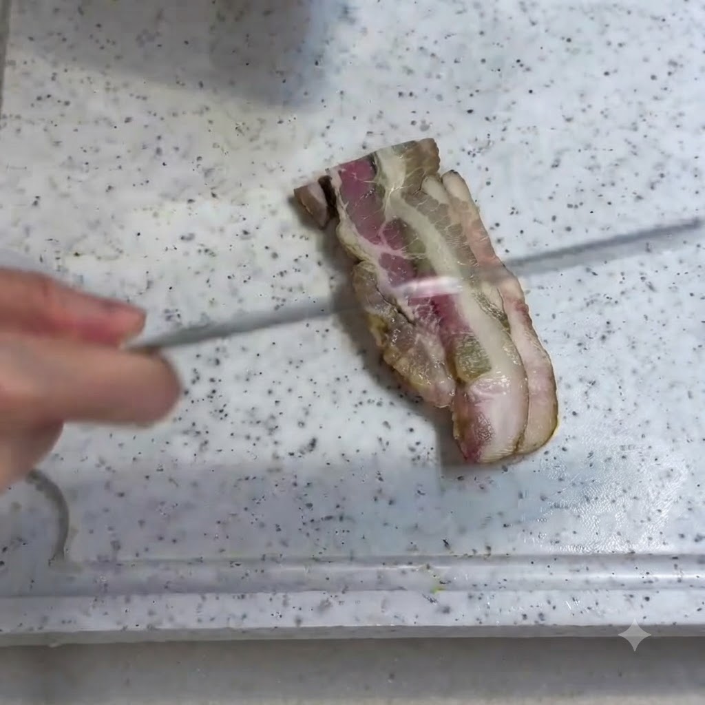 Un trozo de tocino siendo cortado en una tabla de cortar blanca.