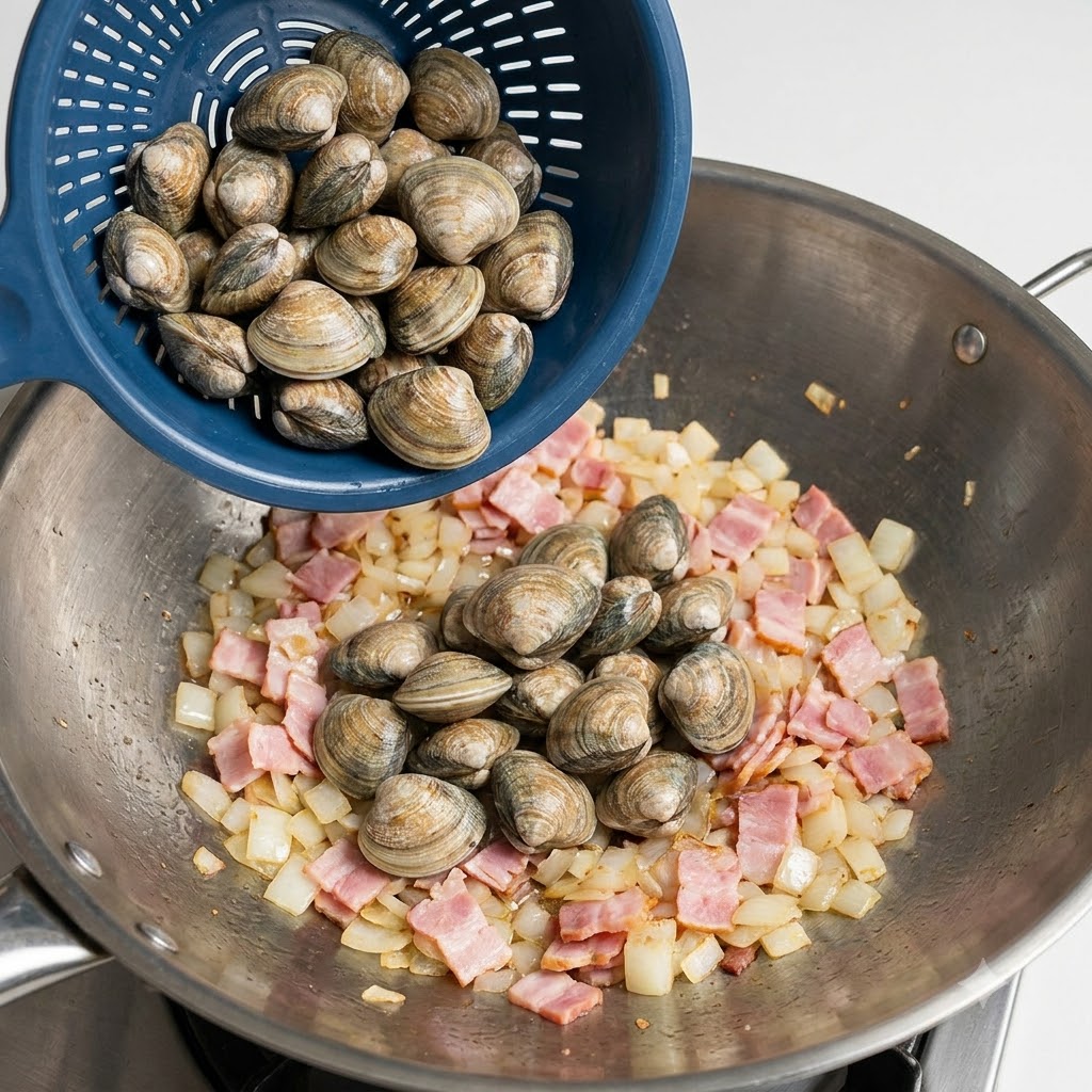 Almejas crudas siendo añadidas al wok que contiene el tocino y las cebollas salteadas.