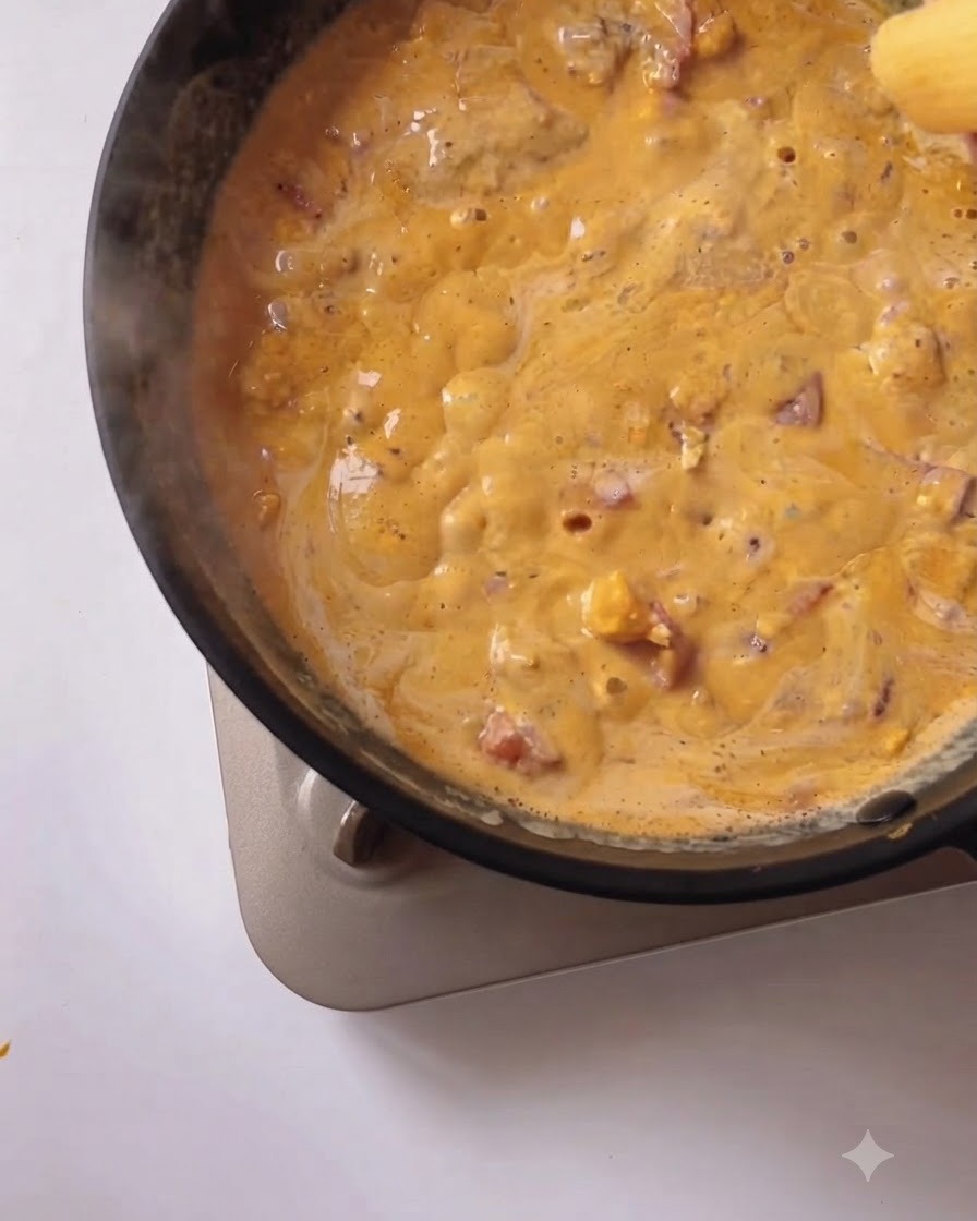 Trozos de pasta cocida añadidos a la rica salsa cremosa en la sartén.