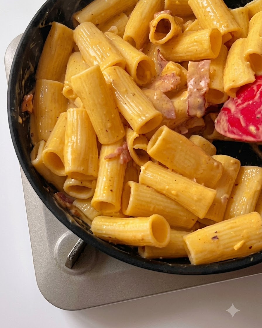Condimentos esparcidos sobre la mezcla de pasta y salsa en la sartén.