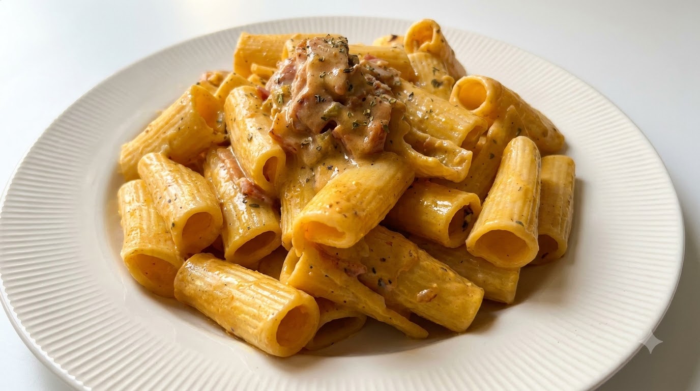 Rigatoni Cremosos a la Carbonara con Yema de Huevo en Salazón