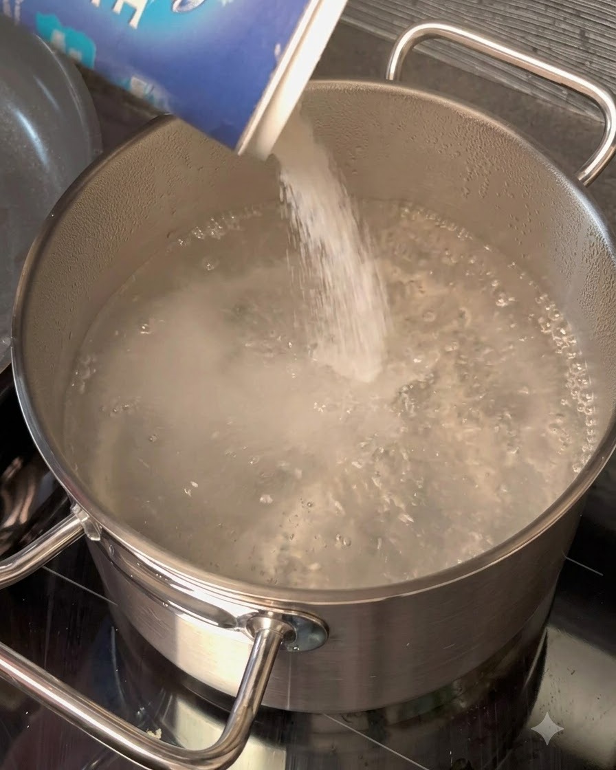 Sal gruesa siendo vertida desde una caja azul en una olla de acero inoxidable con agua hirviendo.
