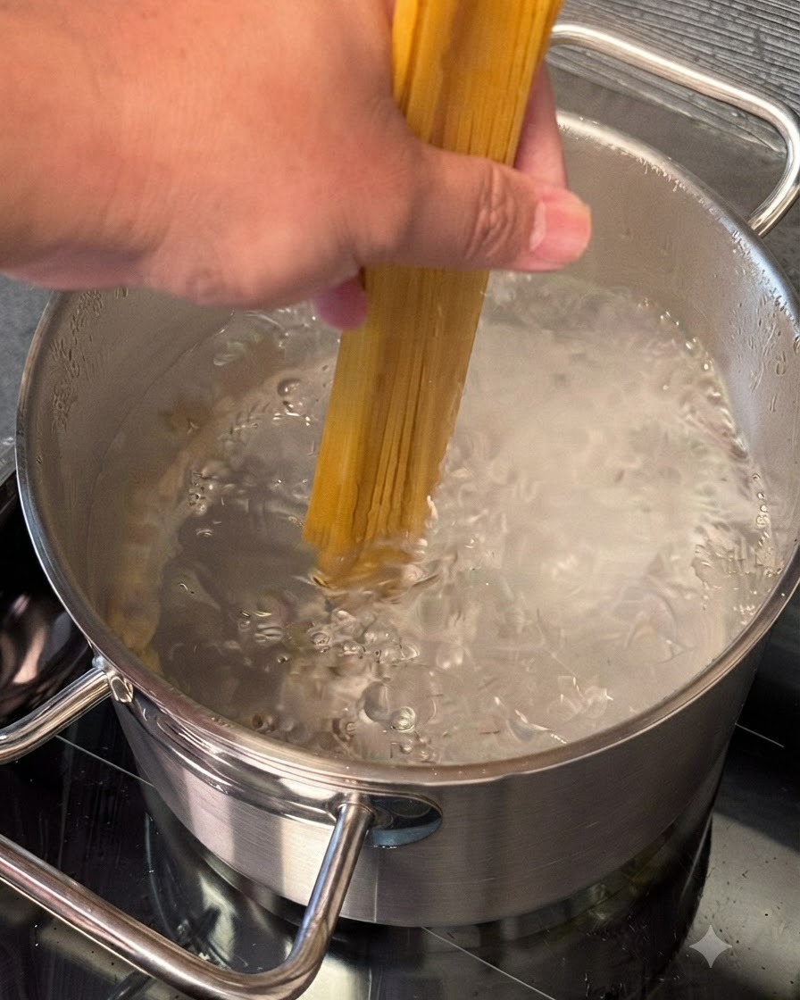 Un puñado de espaguetis gruesos número 7 siendo introducido en una olla con agua hirviendo.