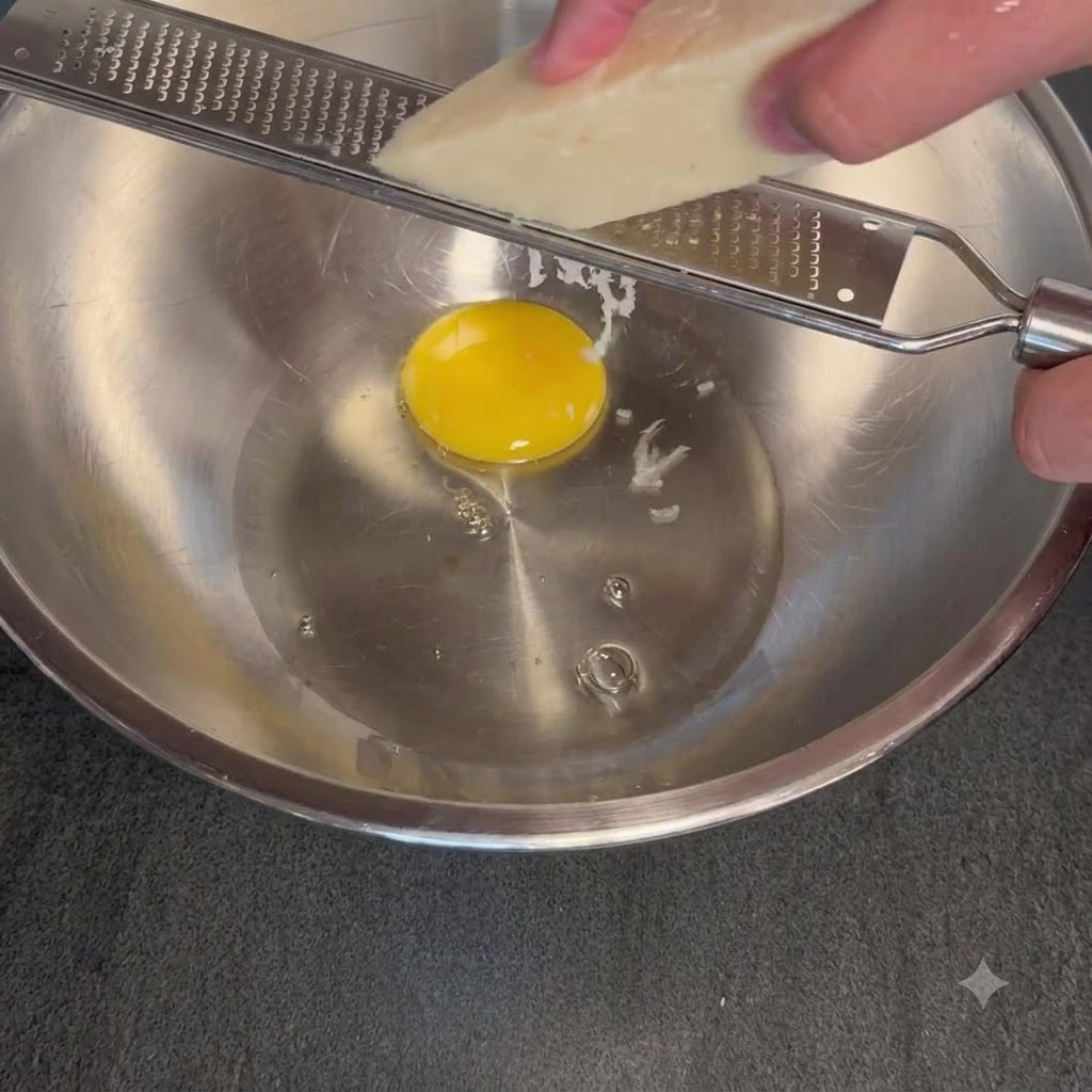 Una mano sosteniendo un bloque de queso contra un rallador de metal sobre un huevo dentro de un bol de acero inoxidable.