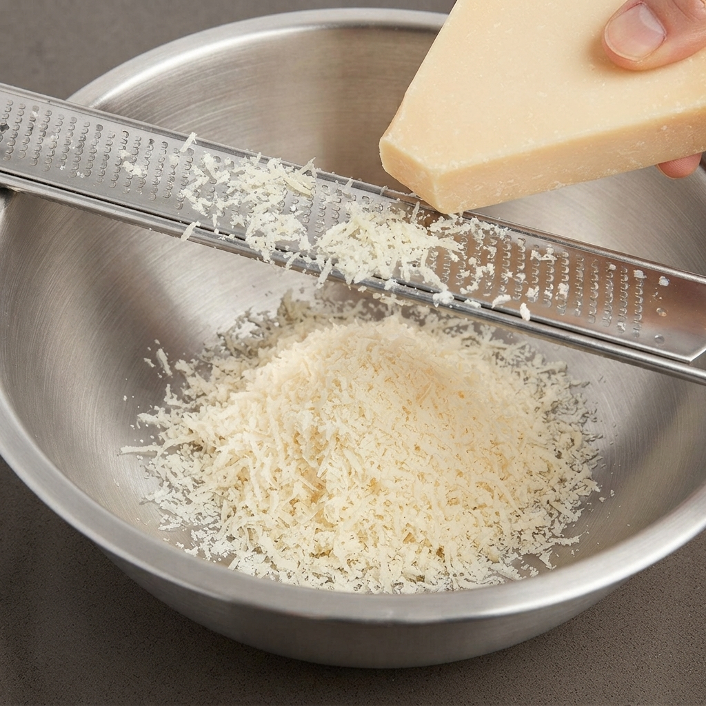 Queso parmesano siendo rallado con un rallador de metal sobre el bol mezclador.