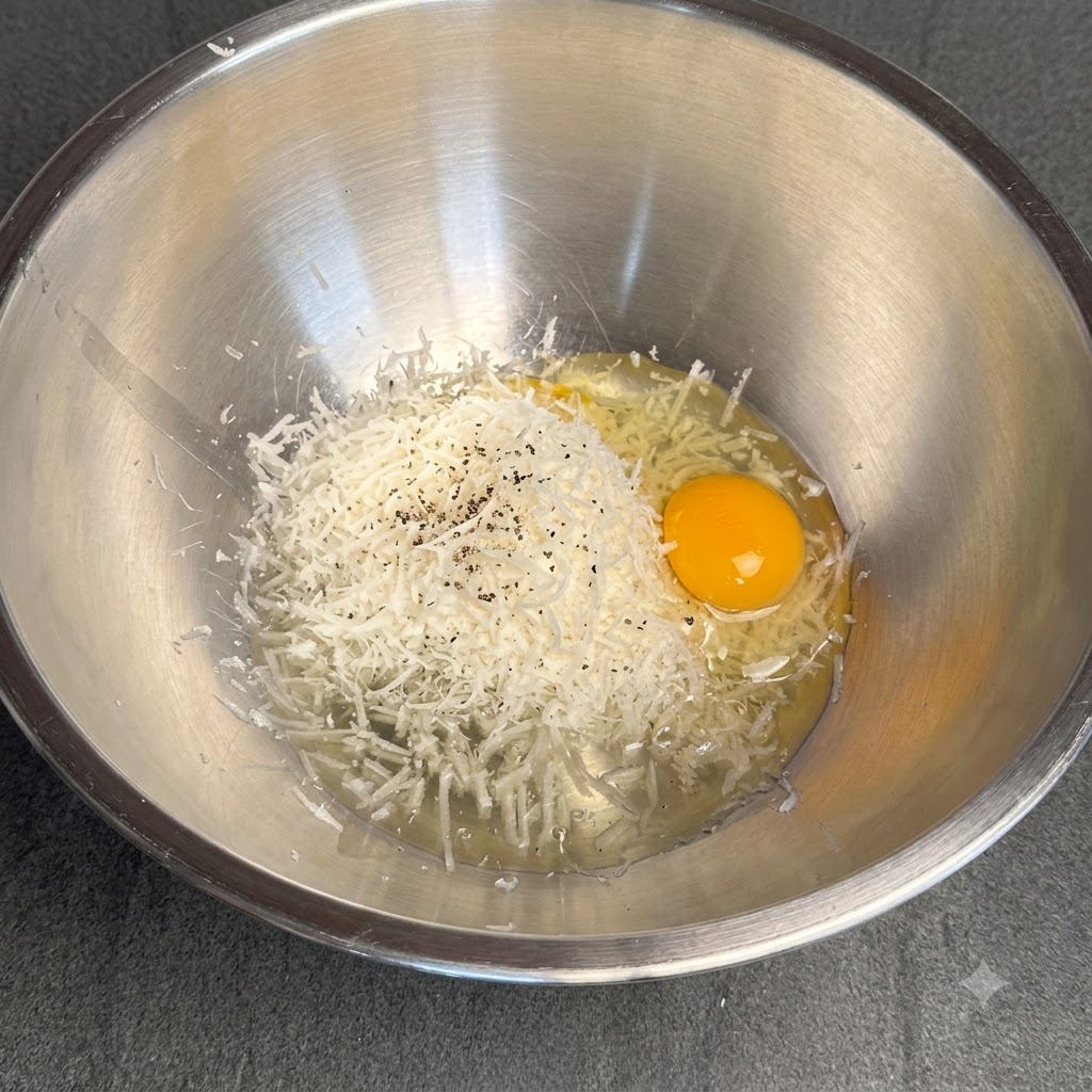 Una pizca de pimienta negra siendo espolvoreada sobre el queso rallado y una yema de huevo dentro de un bol mezclador de metal.