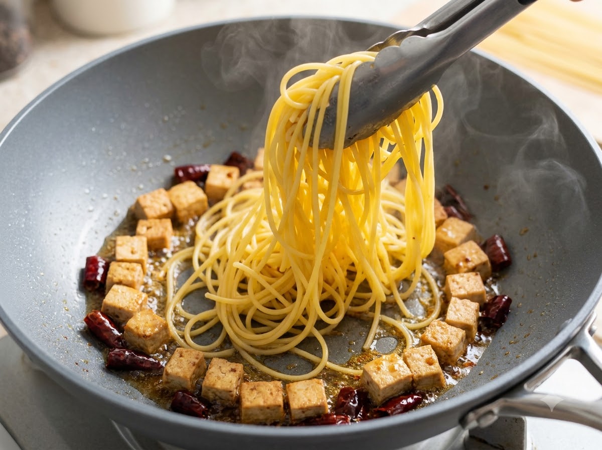 Fideos de espagueti siendo levantados con pinzas hacia una sartén con cerdo en dados.