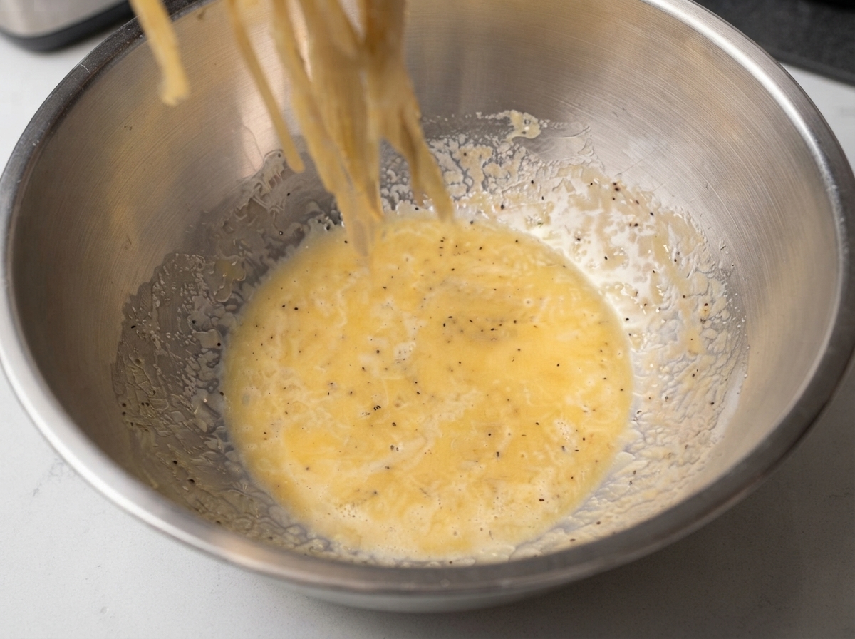 Hebras de espagueti caliente siendo levantadas y vertidas desde una sartén al bol con la salsa de huevo y queso preparada.