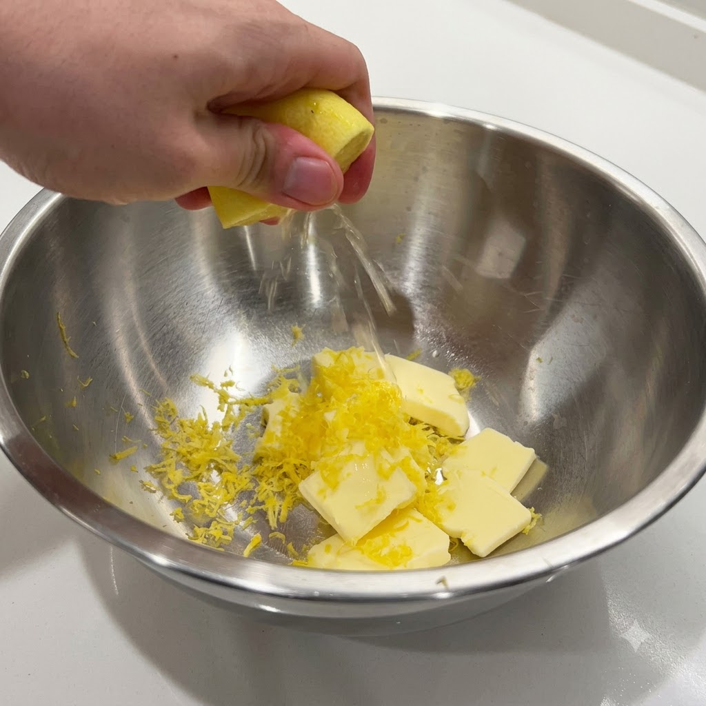 Una mano exprimiendo la mitad de un limón, liberando jugo fresco en el bol de metal con mantequilla y ralladura.