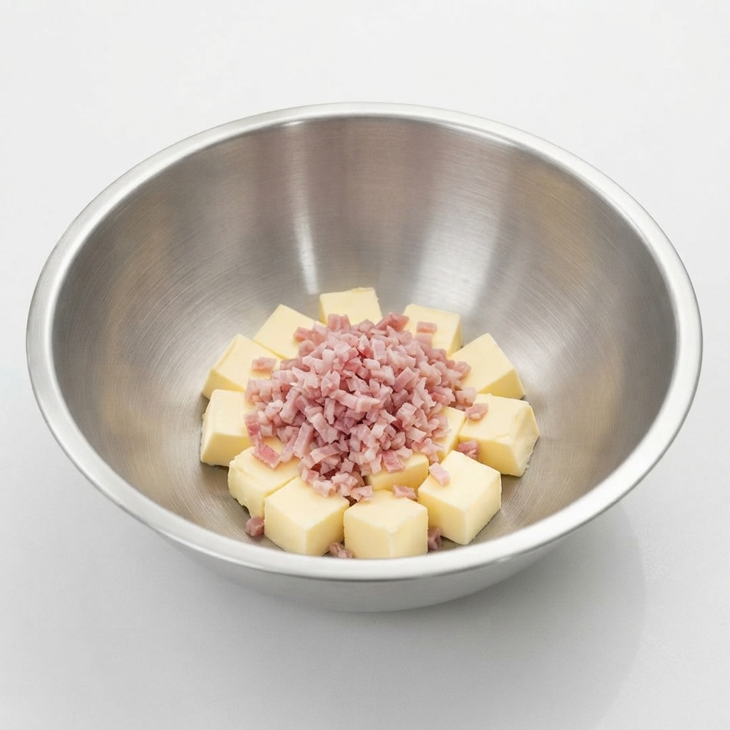 Un montón de tocino rosado finamente picado sobre la mezcla de mantequilla y limón dentro de un bol de metal.