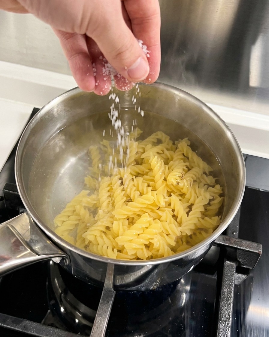 Una mano esparciendo sal gruesa en una olla con agua hirviendo llena de pasta en espiral.