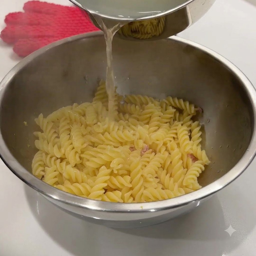 Vertiendo agua caliente de la cocción de la pasta desde una cacerola a un bol de metal que contiene la pasta y los ingredientes.