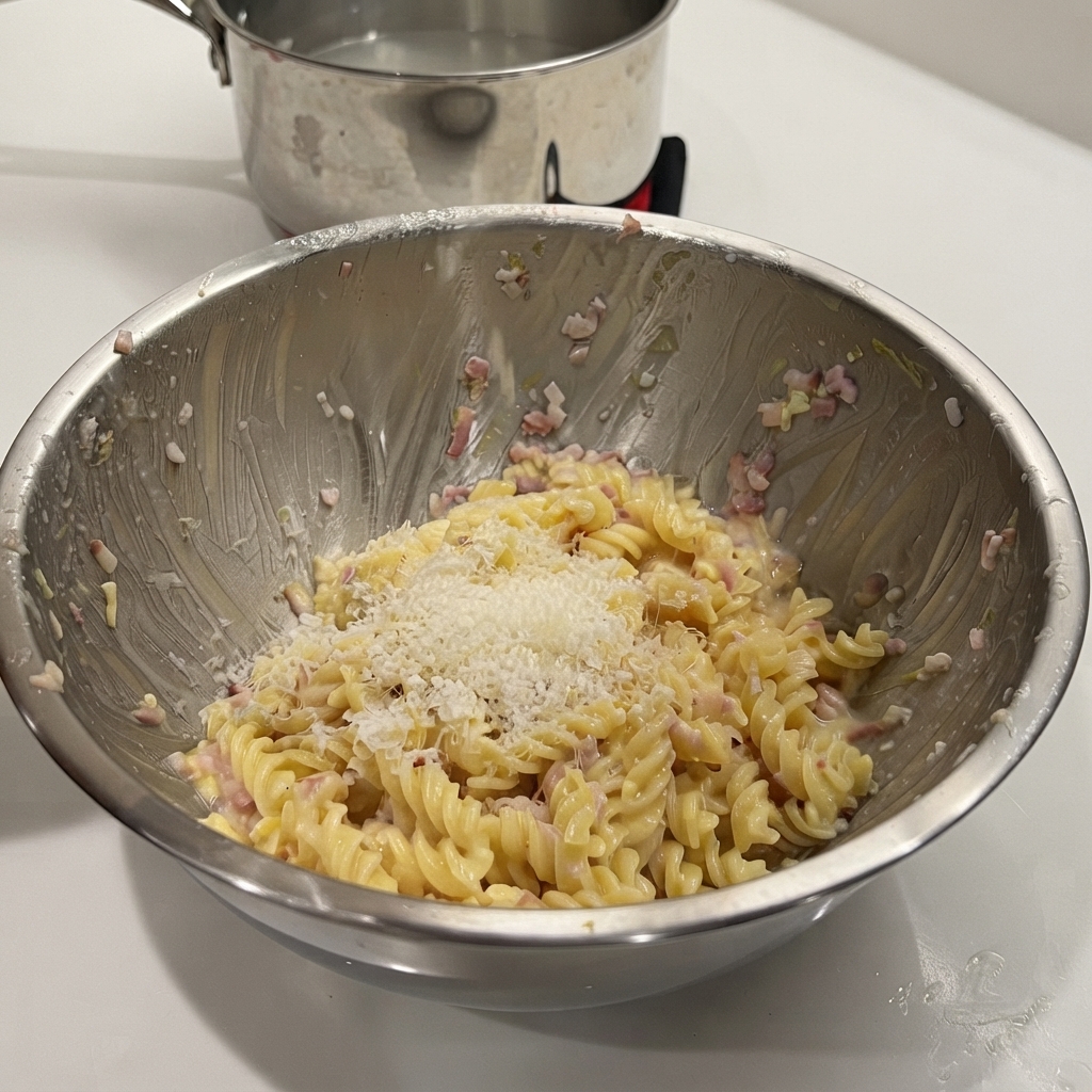 Queso parmesano recién rallado amontonado sobre la pasta en un bol de metal.