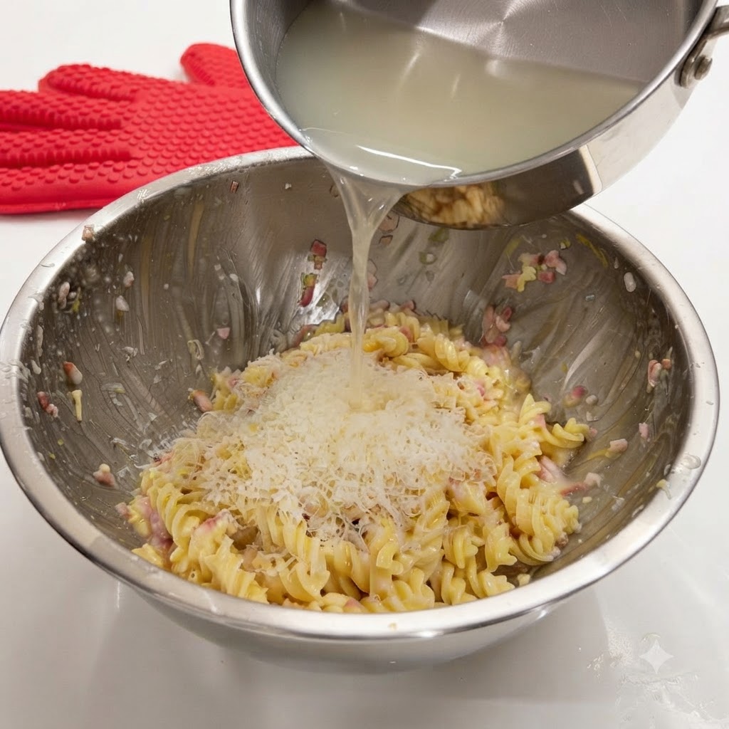 Vertiendo agua caliente de la pasta sobre queso parmesano recién rallado en lo alto de la pasta en espiral.