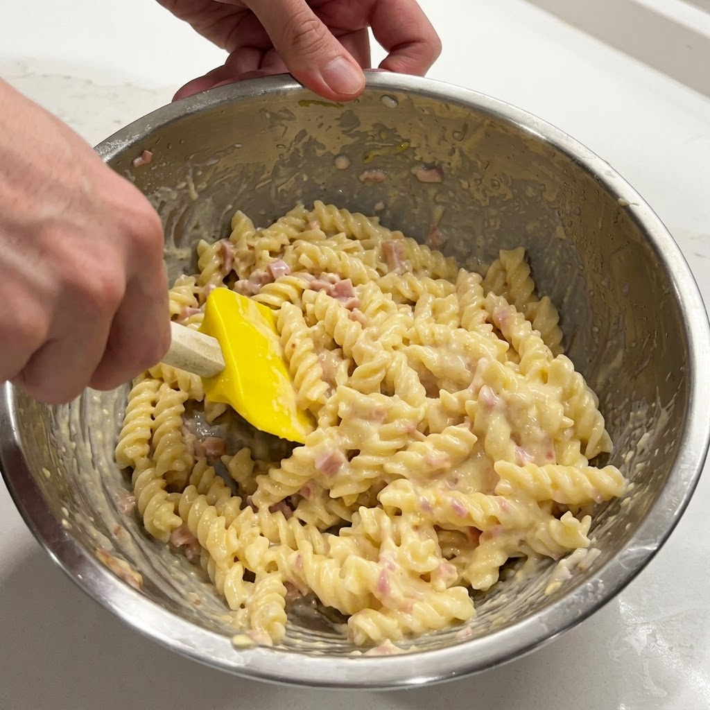 Mezclando la pasta en un bol de metal con una espátula amarilla para crear una salsa cremosa de mantequilla y limón.
