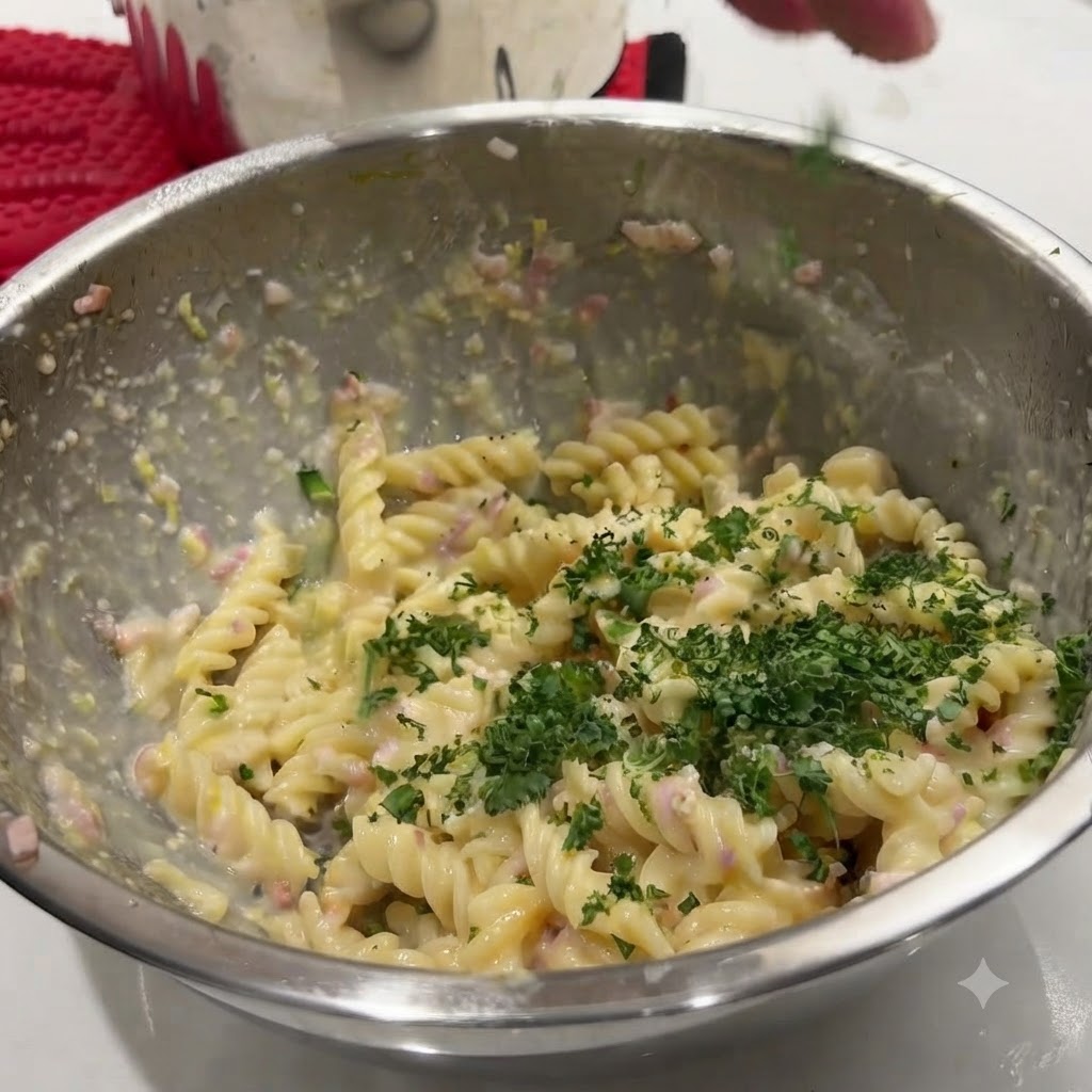 Perejil verde picado espolvoreándose sobre un bol de pasta cremosa en espiral.